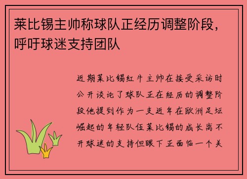 莱比锡主帅称球队正经历调整阶段，呼吁球迷支持团队