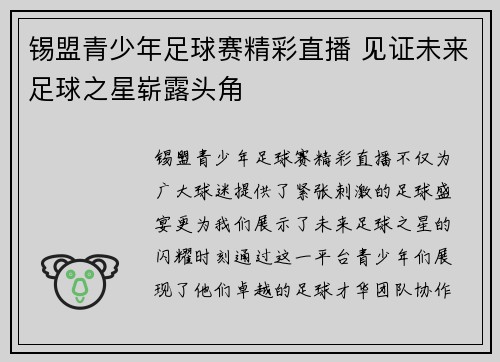 锡盟青少年足球赛精彩直播 见证未来足球之星崭露头角